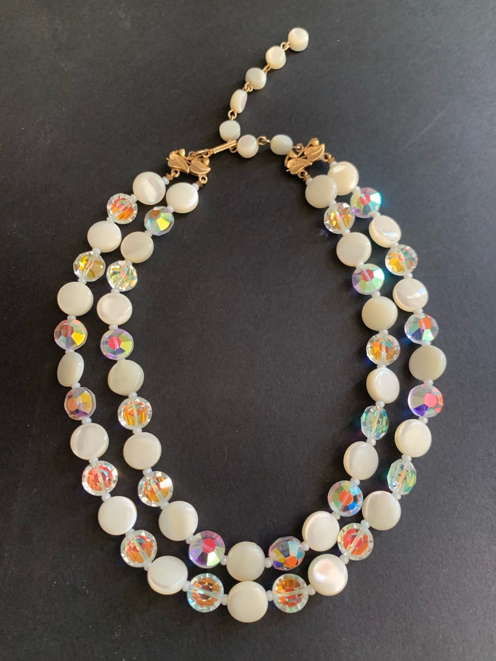 Vintage Aurora Borealis Faceted Crystal and Mother of Pearl Bead Necklace